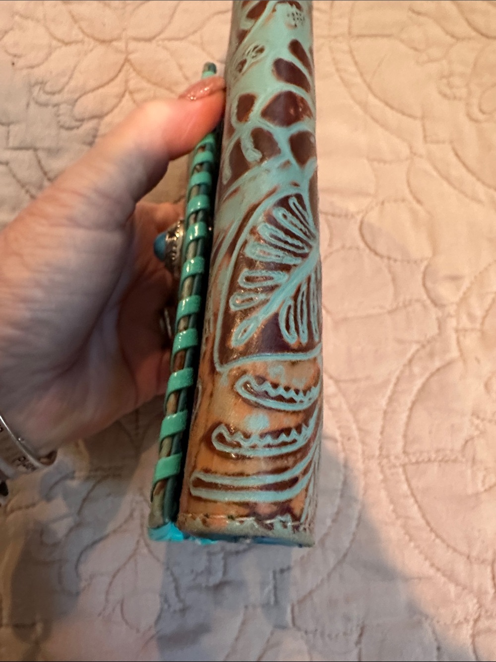Myra Bag Turquoise-Trim Tooled Floral Leather Wallet - Picture 6 of 6